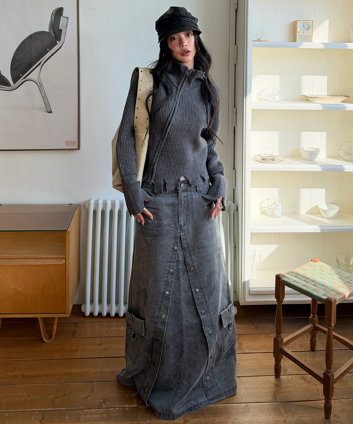 긴스키(GINSUKI) [긴스키 X 물바다]MULTI  POCKET MAXI T SLIT SKIRT (GREY)