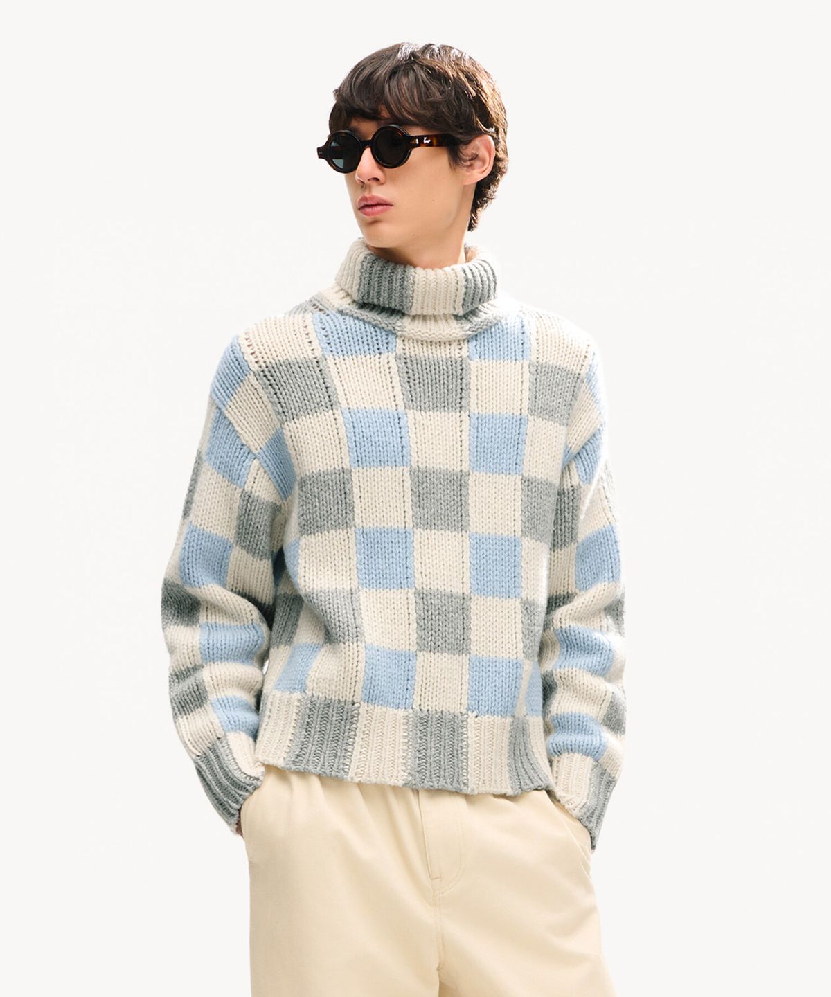 겐조(KENZO) 남성 체크 모크넥 니트_K266AMKK01WHX