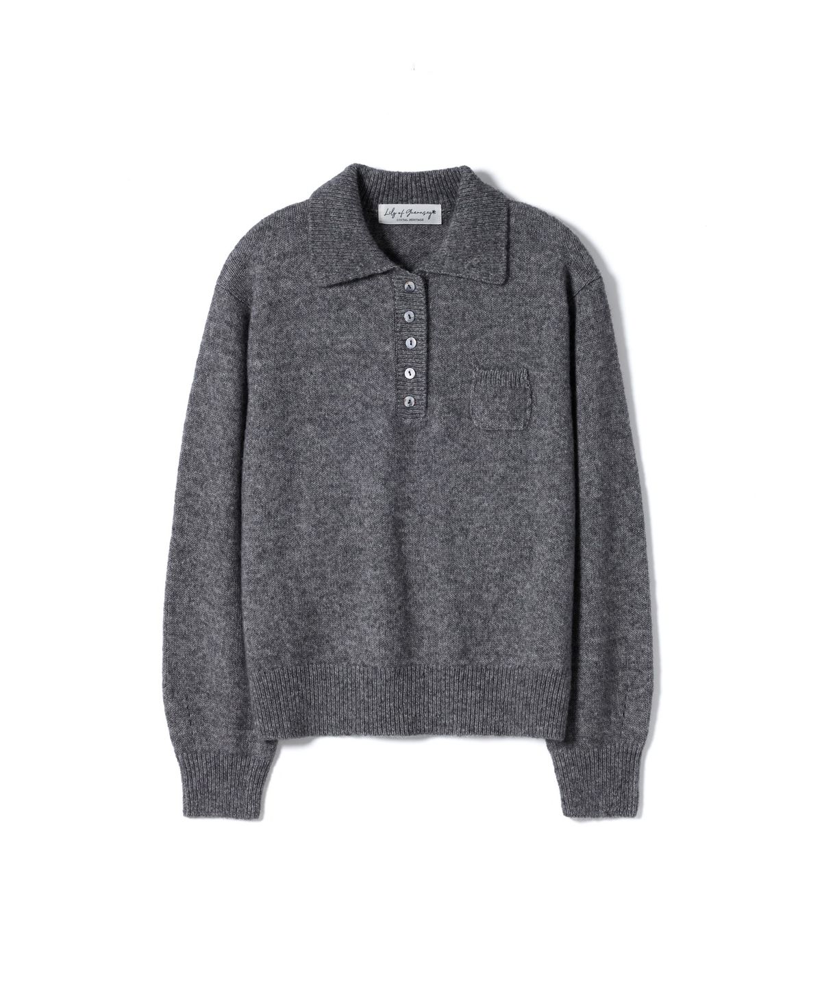 건지 울른스(Guernsey Woollens) [릴리 오브 건지] 알파카 블렌드 카라 포켓 니트 - 그레이