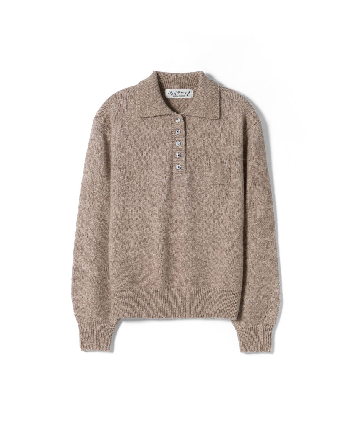 건지 울른스(Guernsey Woollens) [릴리 오브 건지] 알파카 블렌드 카라 포켓 니트 - 브라운