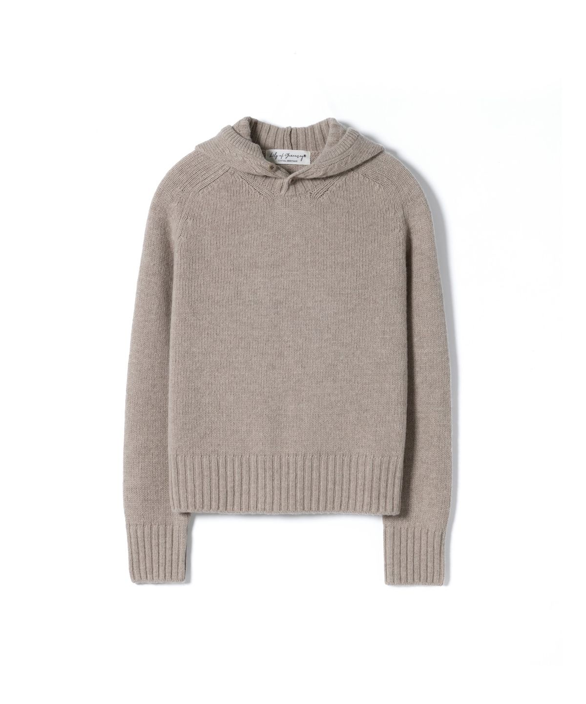 건지 울른스(Guernsey Woollens) [릴리 오브 건지] 에어울 후드 버튼넥 니트 - 베이지