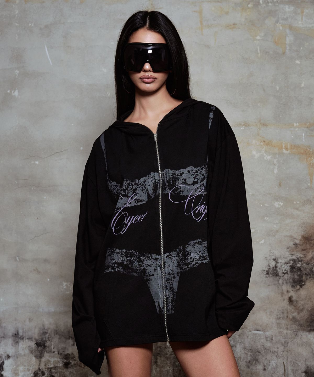 이와이이알(EYEER) Vintage Lingerie Hooded Zip-up - Black