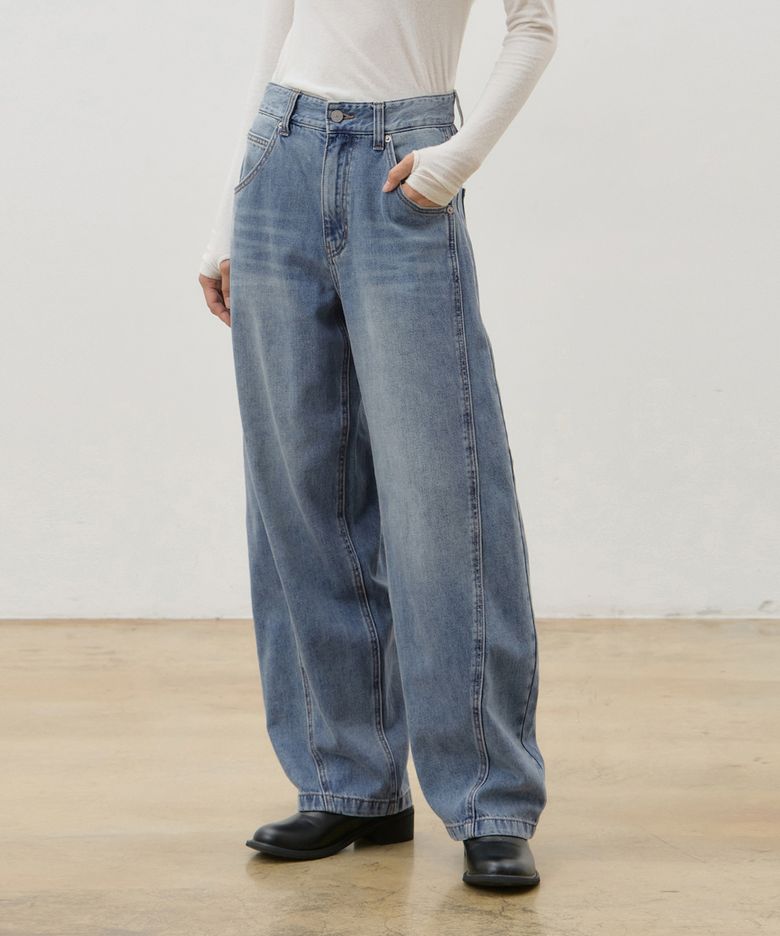 데님 커브드 와이드 핏 팬츠 블루 F6