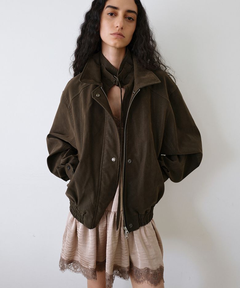 Washed Double Neck Blouson_Khaki
