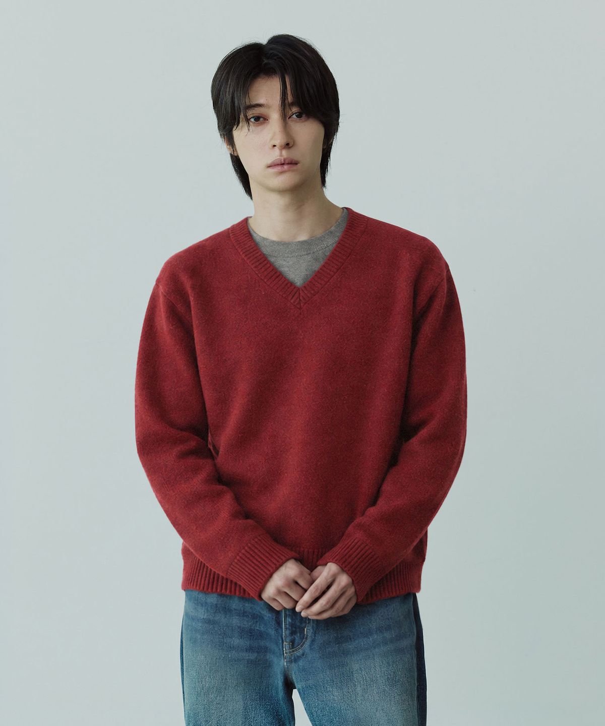 유니온블루(UNION BLUE) LAYERED V-NECK KNIT [RED]