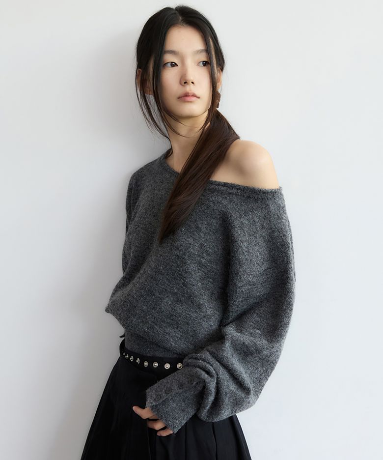 Button Off-Shoulder Knit Charcoal