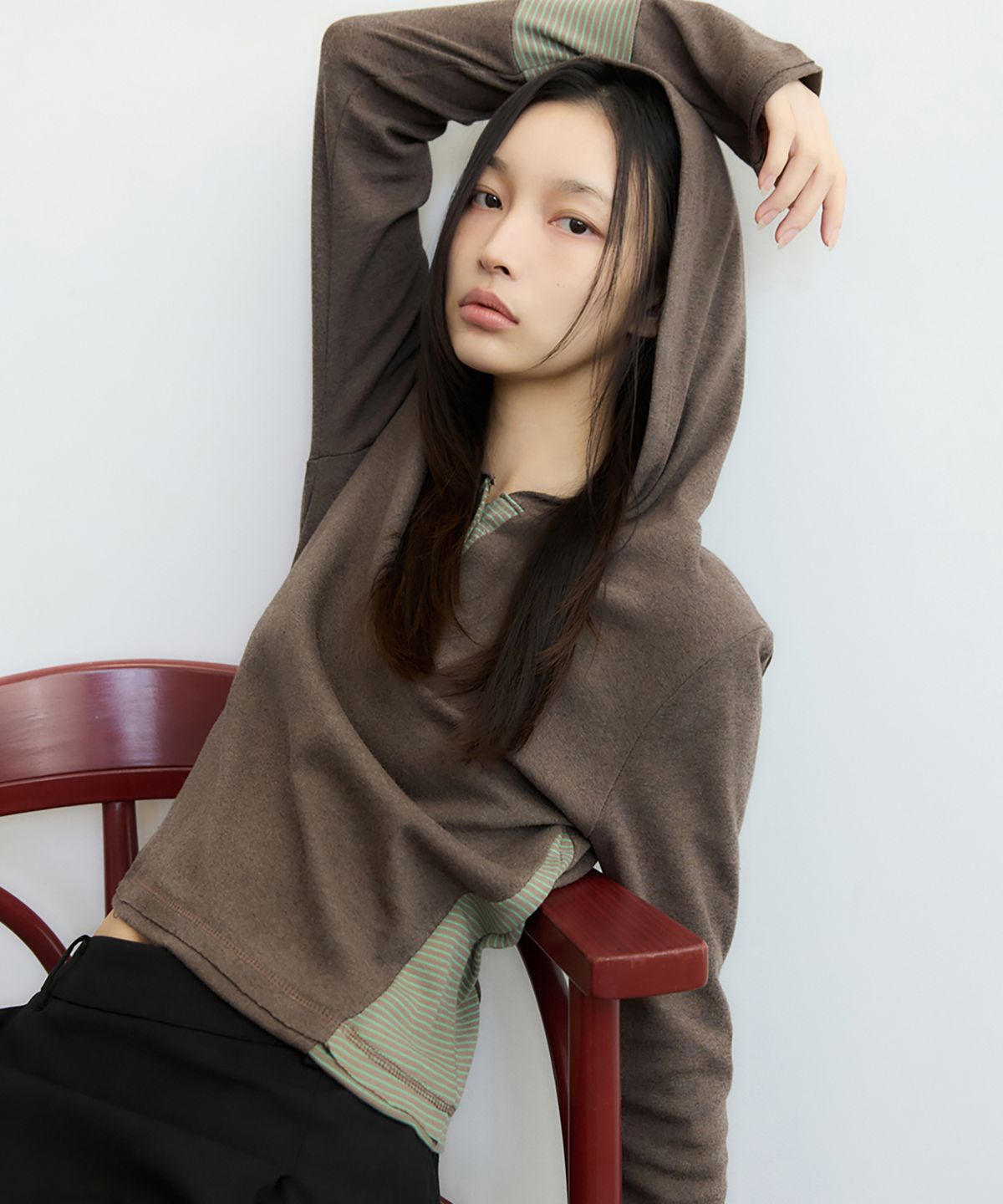 렌세(RENSE) Stripe Slim Fit Hoodie Brown