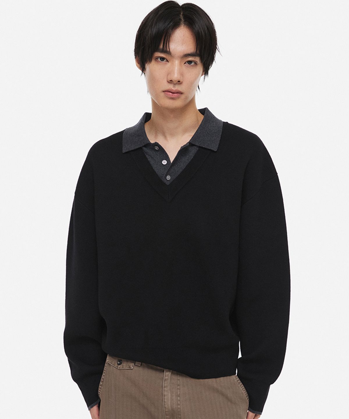 디앤에스알(DNSR) 레이어드 카라 울 블렌드 니트 블랙