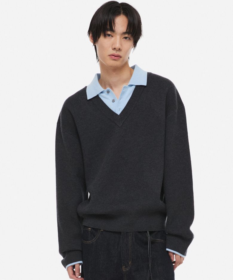 레이어드 카라 울 블렌드 니트 차콜
