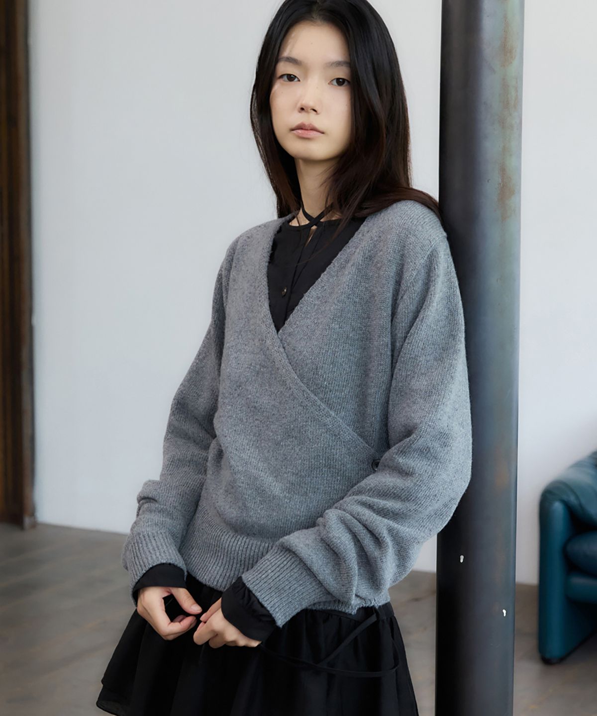 렌세(RENSE) Button Wrap Knit Melange Gray