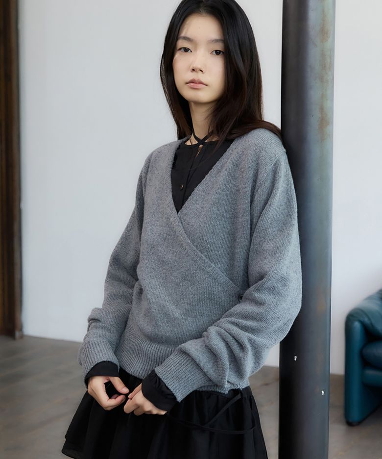 Button Wrap Knit Melange Gray