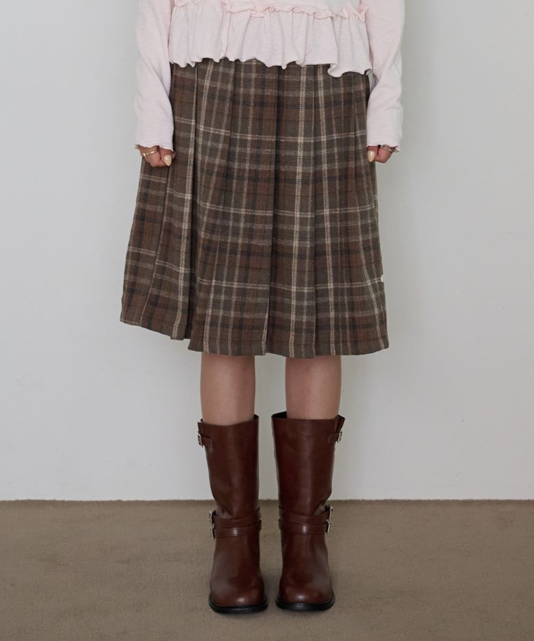 POETIC CHECK PLEATED MIDI SKIRT_BROWN