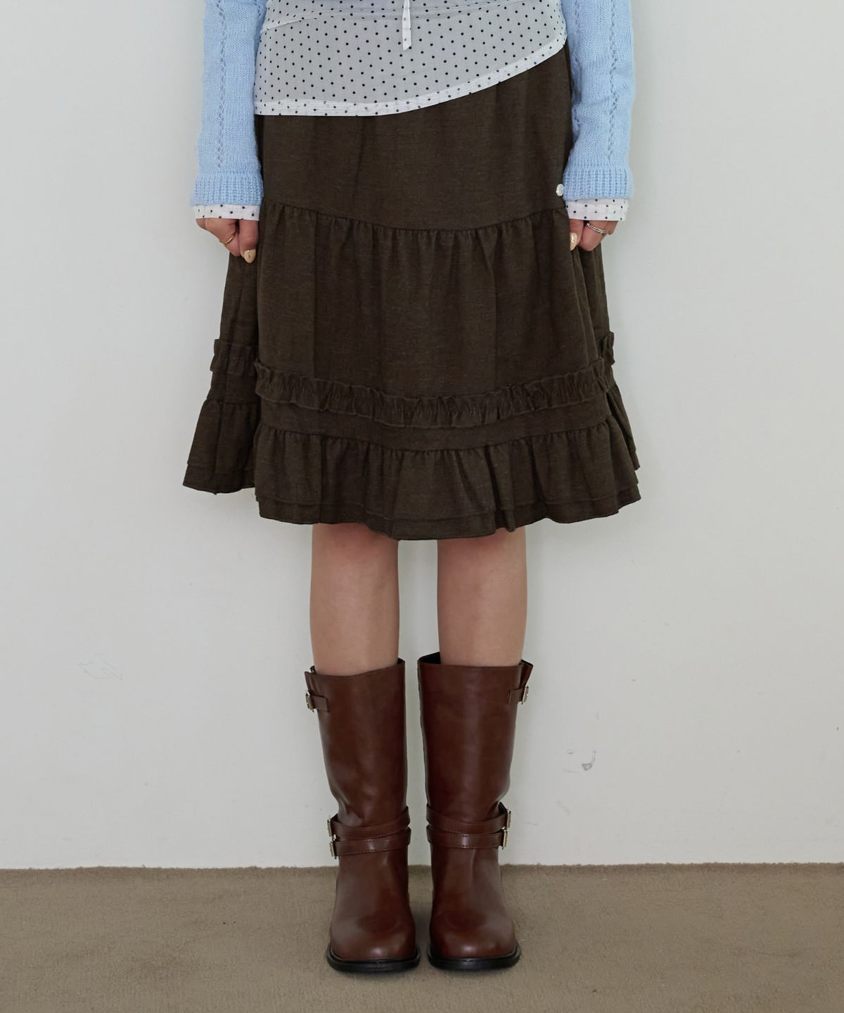 핑크파인애플(PINKPINEAPPLE) COZY DAY FRILL MIDI SKIRT_BROWN