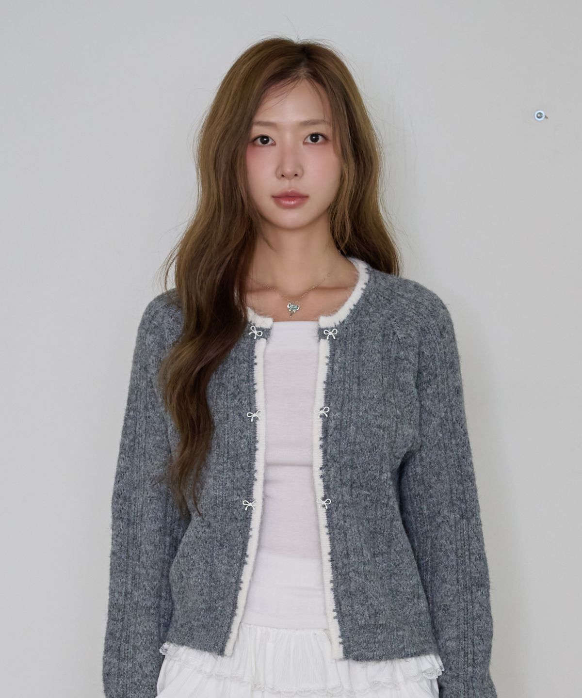 핑크파인애플(PINKPINEAPPLE) PREPPY RIBBON KNIT CARDIGAN_GREY