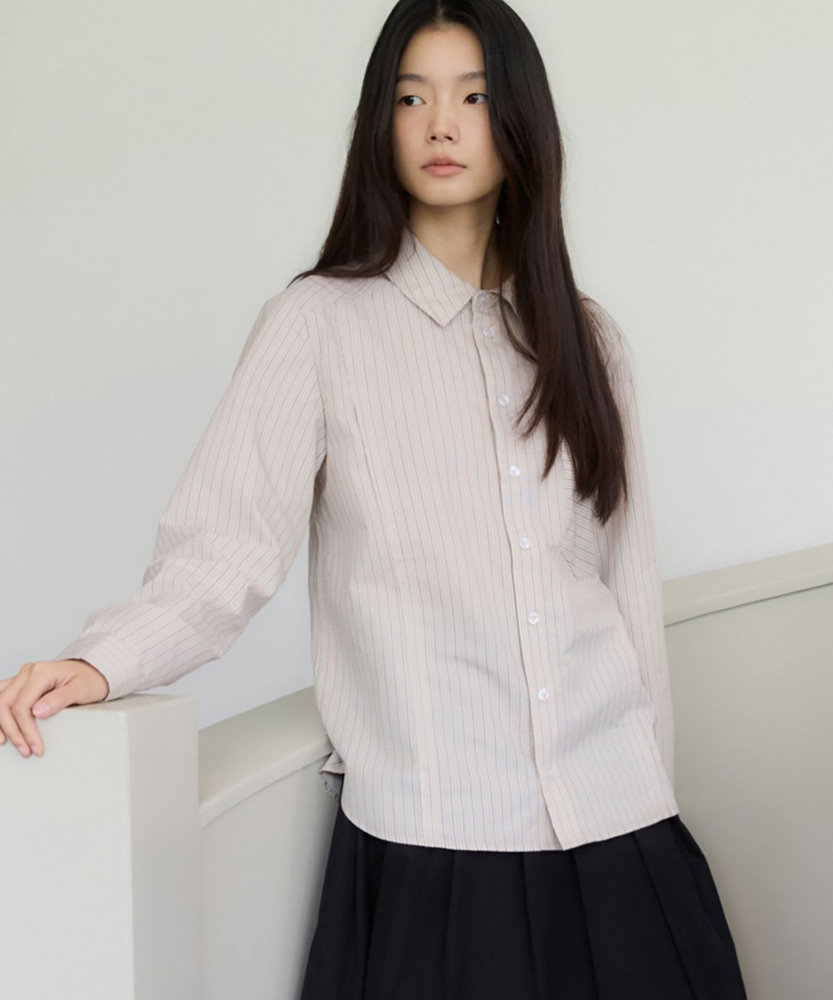 렌세(RENSE) Regular Fit Panel Stripe Shirt Beige
