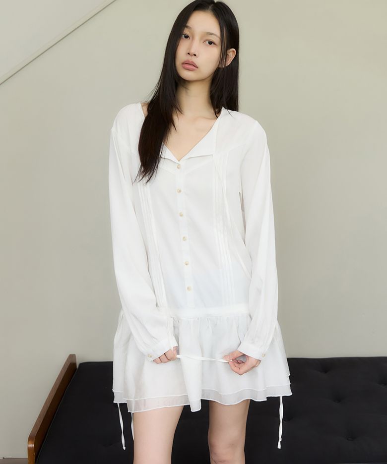 Tuck Line Frill One-Piece Ivory