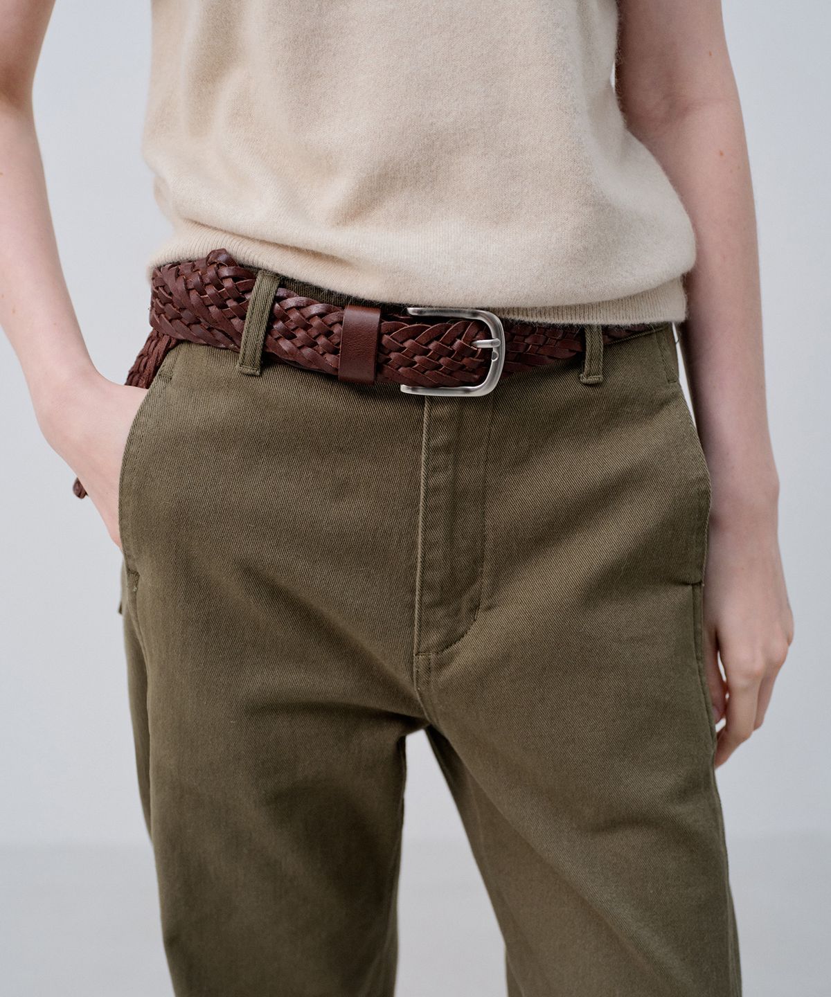 노티아(NOTIA) 35MM BRAIDED ITALIAN LEATHER BELT_BROWN/SILVER