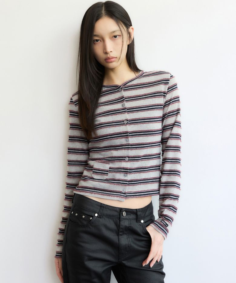 Hairy Stripe Slim Cardigan Gray