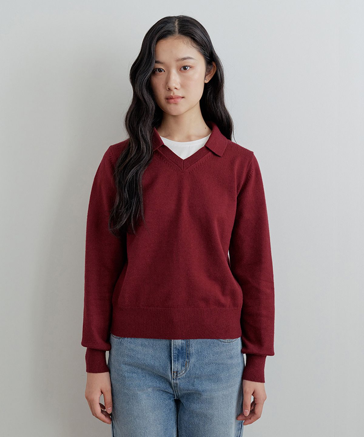 비올셋(BE ALL SET) Open Collar V-Neck Knit_Burgundy