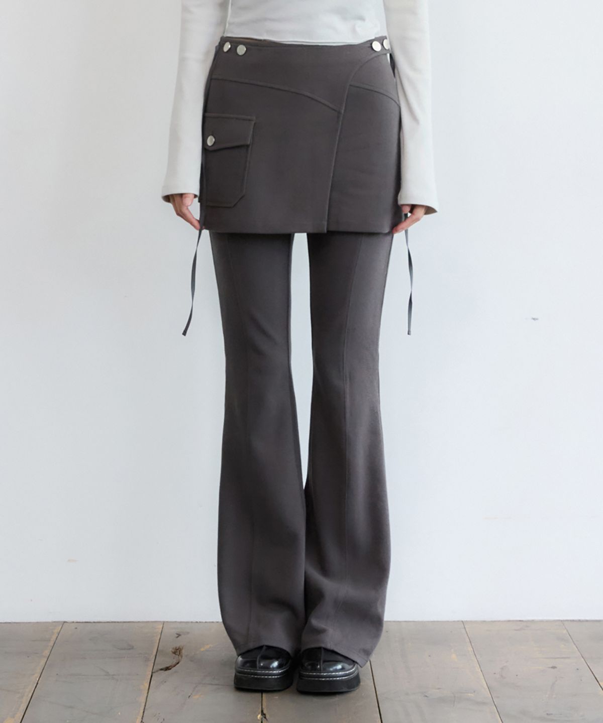 렌세(RENSE) Ribbed Skirt Pants Set Charcoal