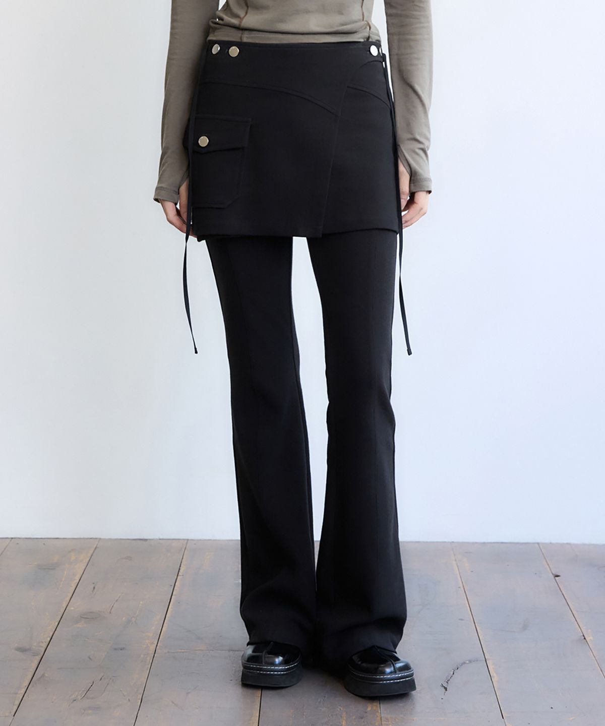 렌세(RENSE) Ribbed Skirt Pants Set Black