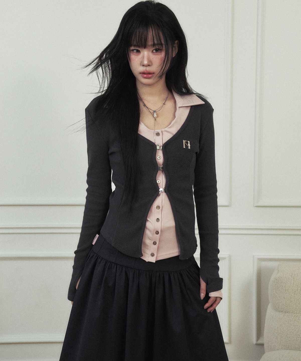 뉴얼린(NEWALRIN) N Line Hook Waffle Cardigan Charcoal