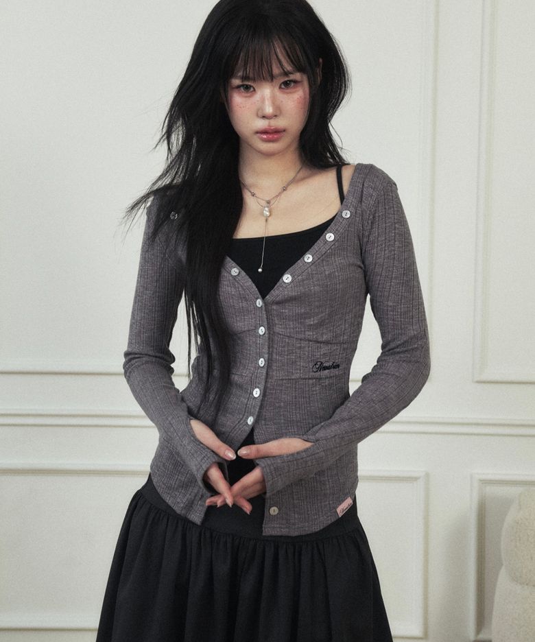 Ria Neck Button Knit Top Melange Gray