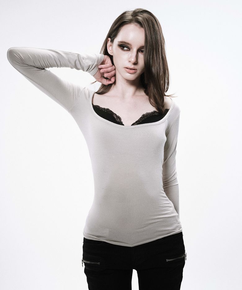 LACE LONG SLEEVE TEE (PINK BEIGE)