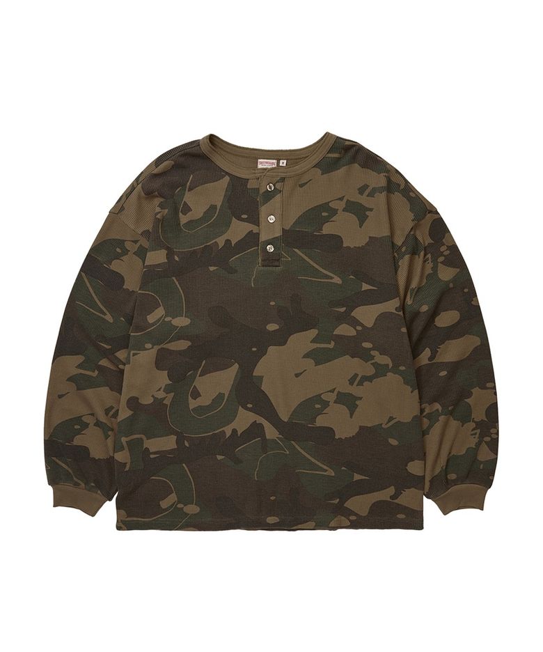 Washed Waffle Henley Long Sleeve - CAMO