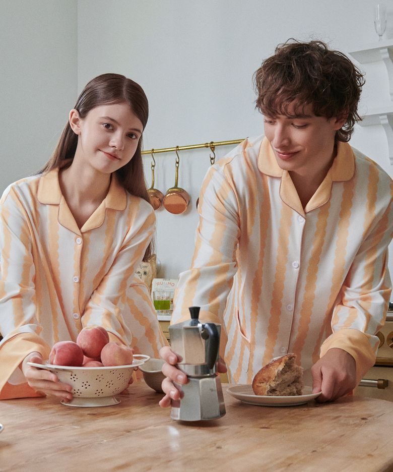 [2PACK] 오렌지 웨이브 피치기모 긴팔 잠옷 세트
