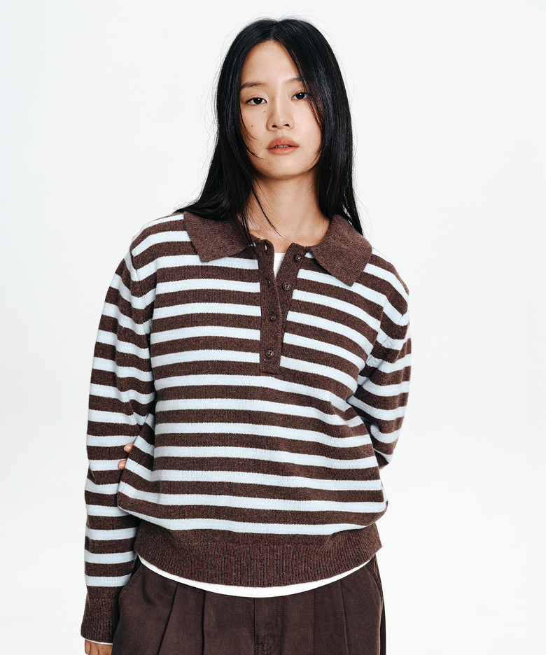 W 스트라이프 카라 니트 Brown