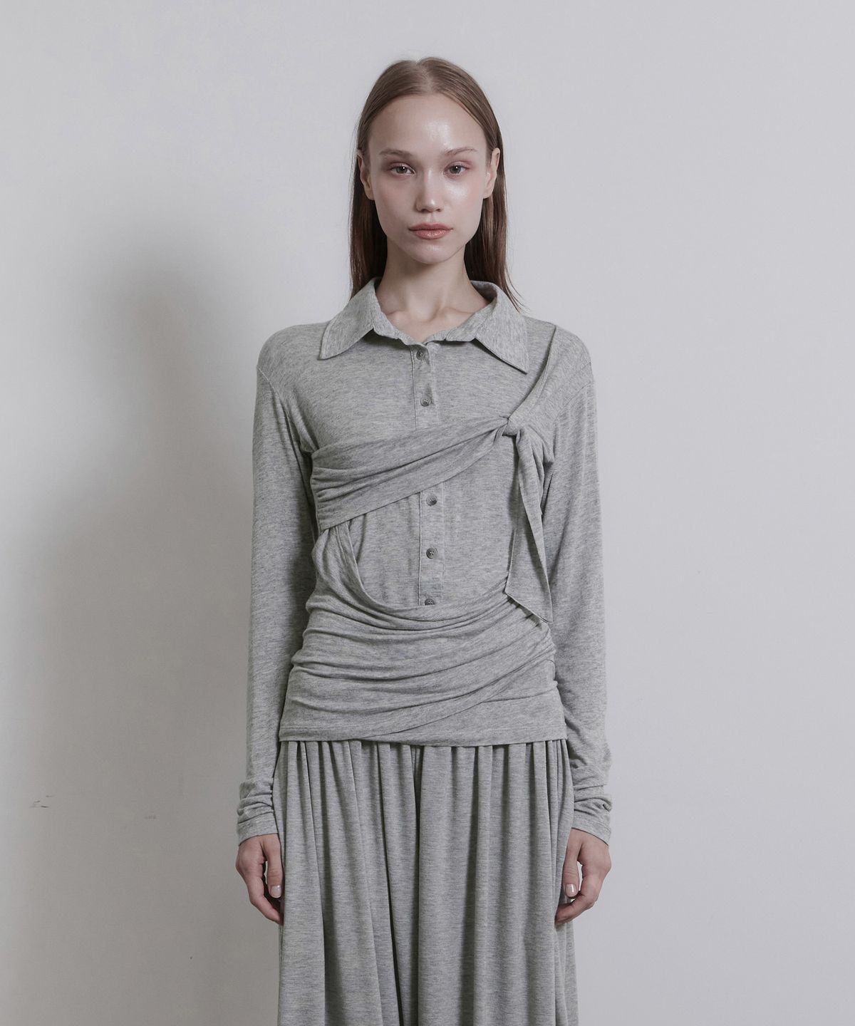 진주유즈(JINJUSE) KNOT VEIL TOP [MELANGE GRAY]