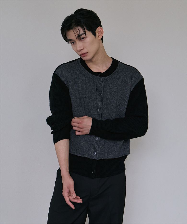 Layered wool knit cardigan(Black)