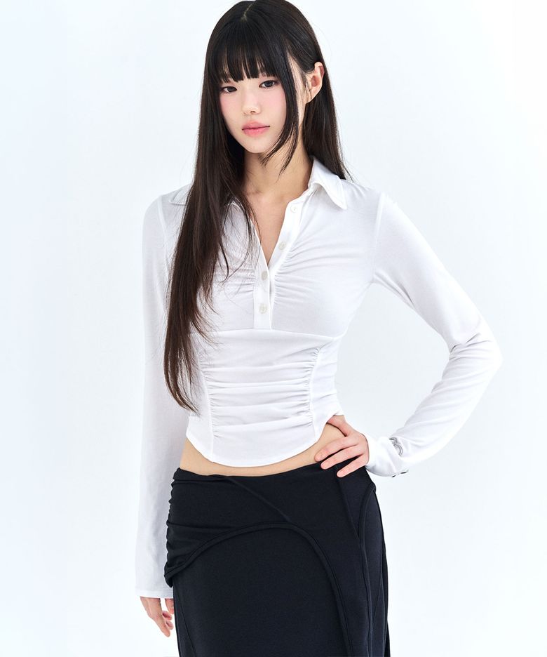 커브라인 카라 셔링 롱슬리브 화이트