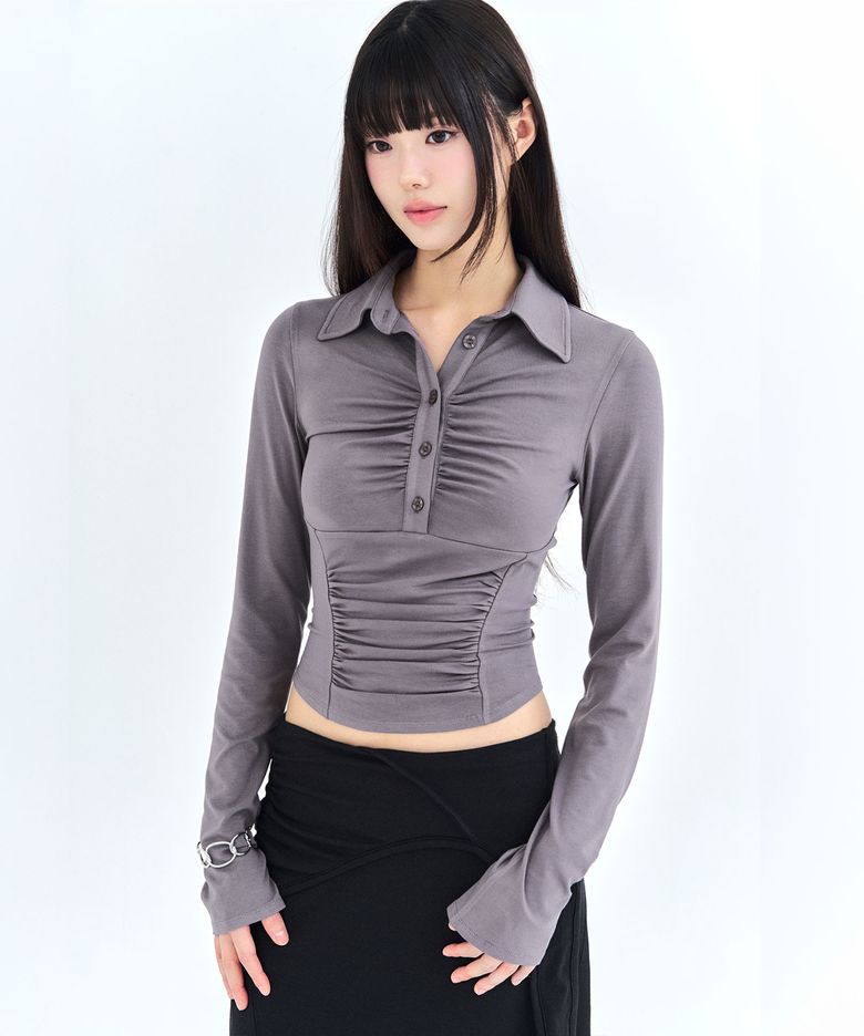 커브라인 카라 셔링 롱슬리브 차콜