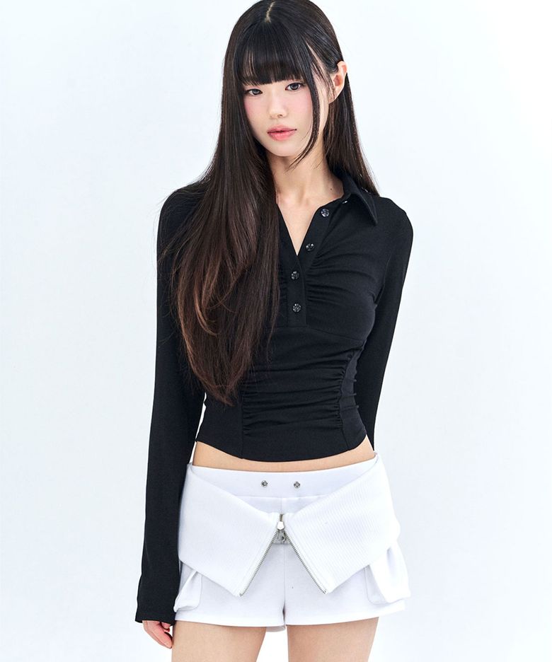 커브라인 카라 셔링 롱슬리브 블랙