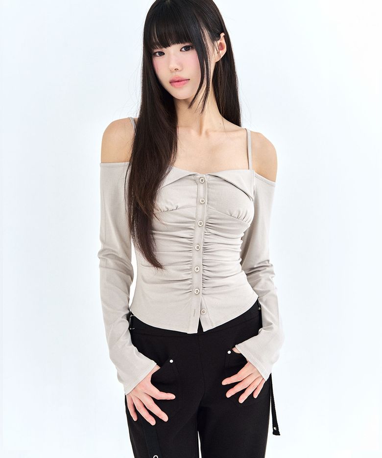 폴드카라 버튼 오프숄더 롱슬리브 베이지