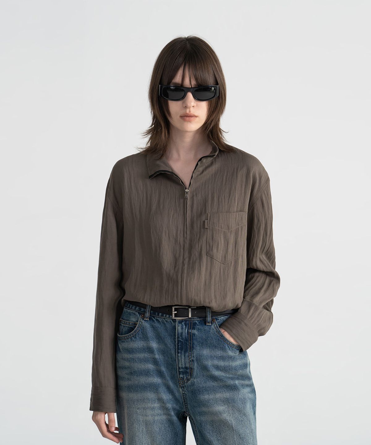 노이스(NOICE) LYOCELL ZIP-UP SHIRT - KHAKI BROWN