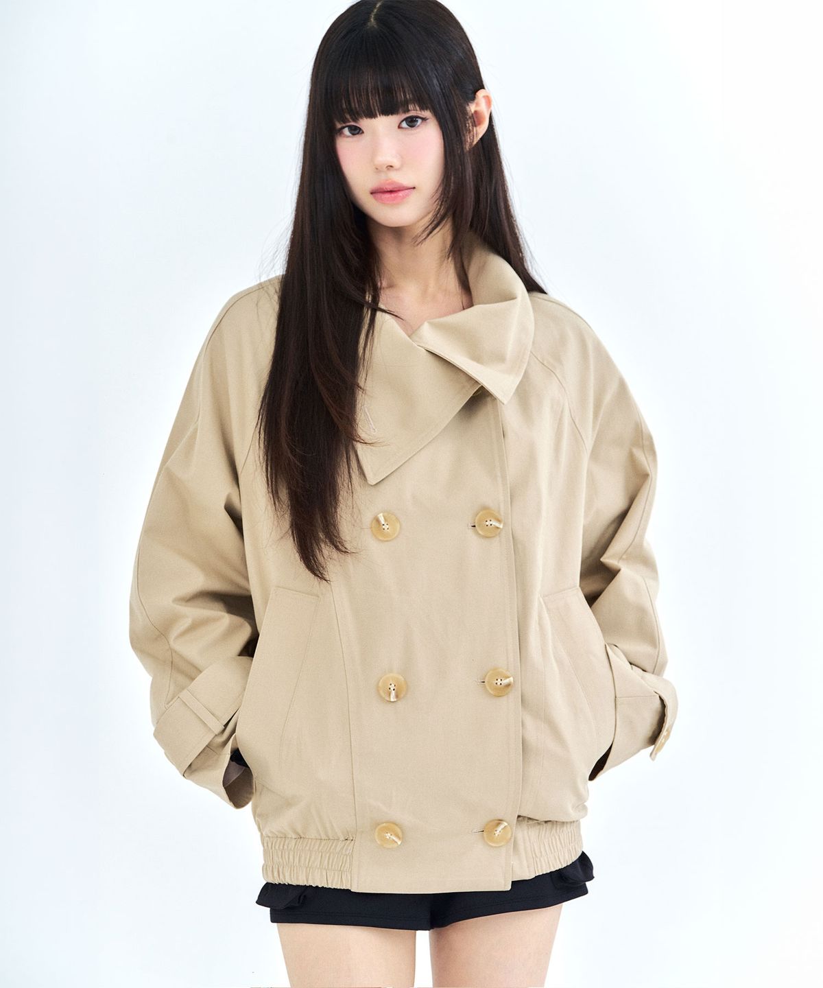 리메크(LIEMÉQUE) 하이넥 더블 버튼 트렌치 자켓 베이지
