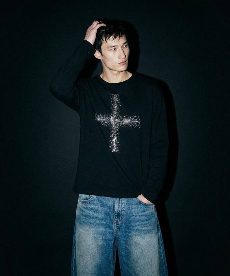 Crystal Cross Boat Neck Long Sleeve Tee (Black)