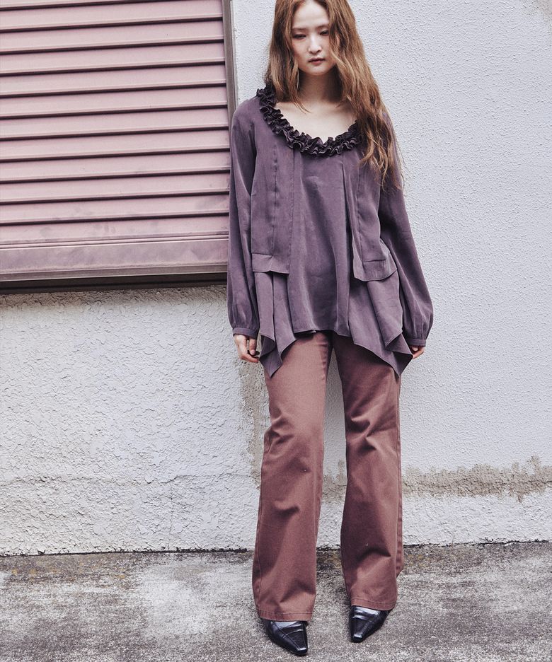 RUFFLE NECK ASYMMETRIC BLOUSE_CHARCOAL