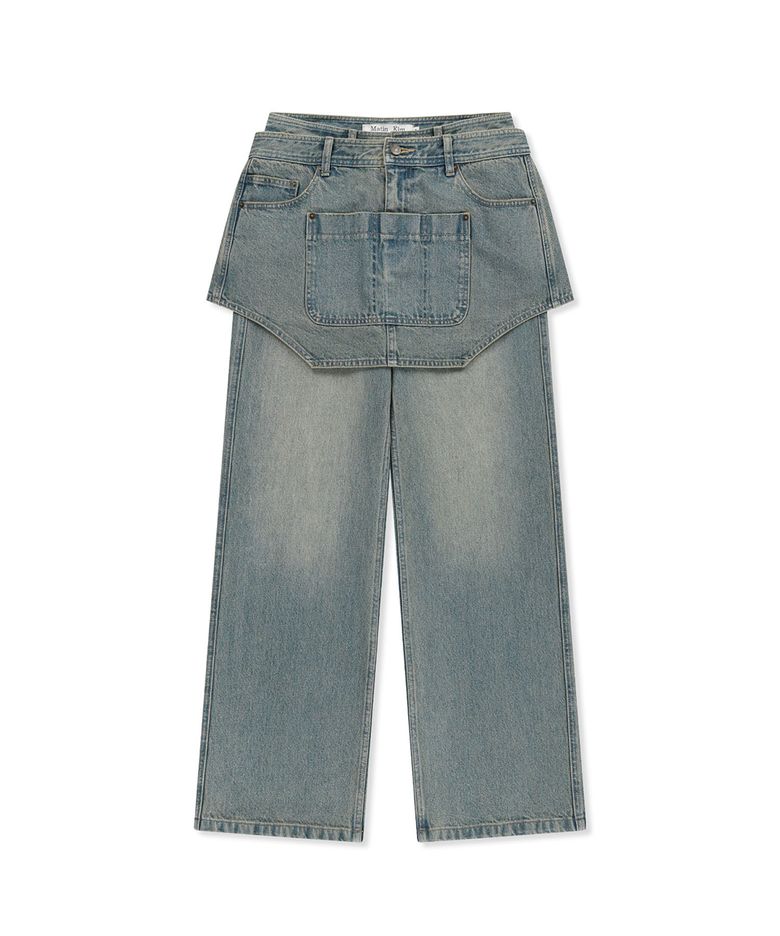 APRON LAYERED DENIM PANTS IN BLUE