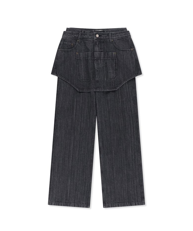 APRON LAYERED DENIM PANTS IN BLACK