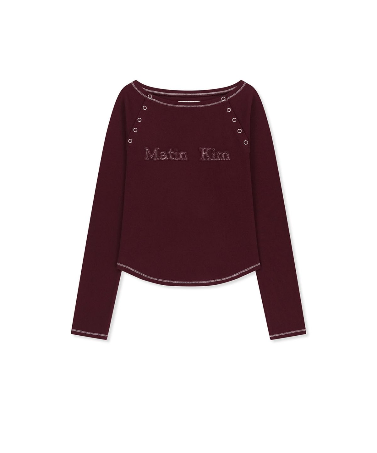 마뗑킴(MATIN KIM) LOGO APPLIQUE BUTTON DETAIL RAGLAN TOP IN WINE
