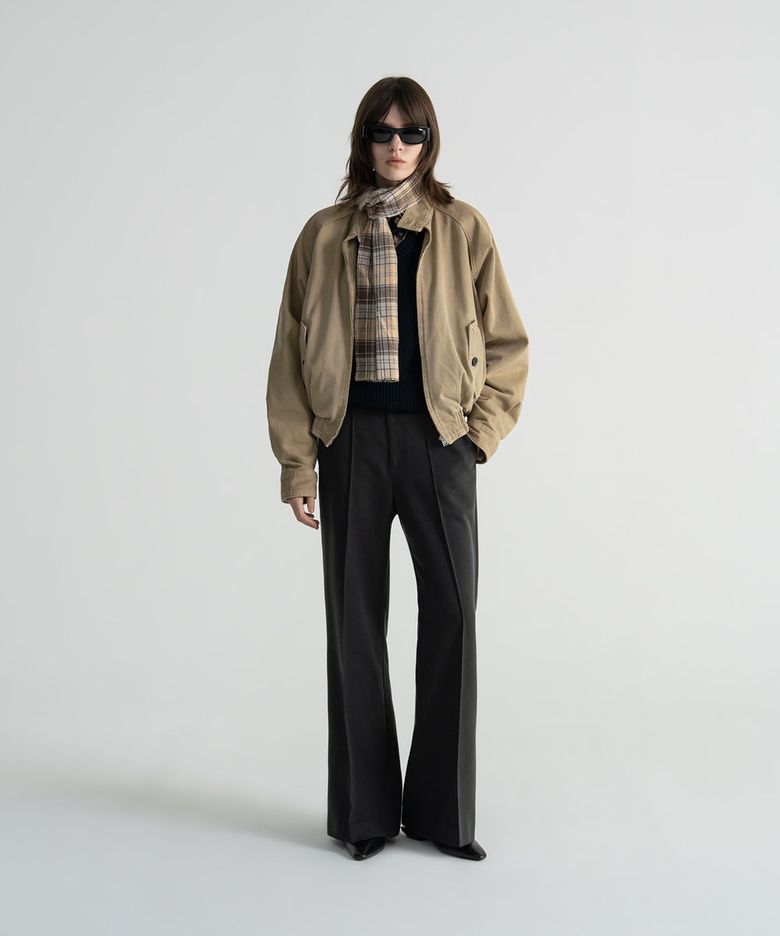 WOOL BLEND PINTUCK FLARED PANTS - CHARCOAL