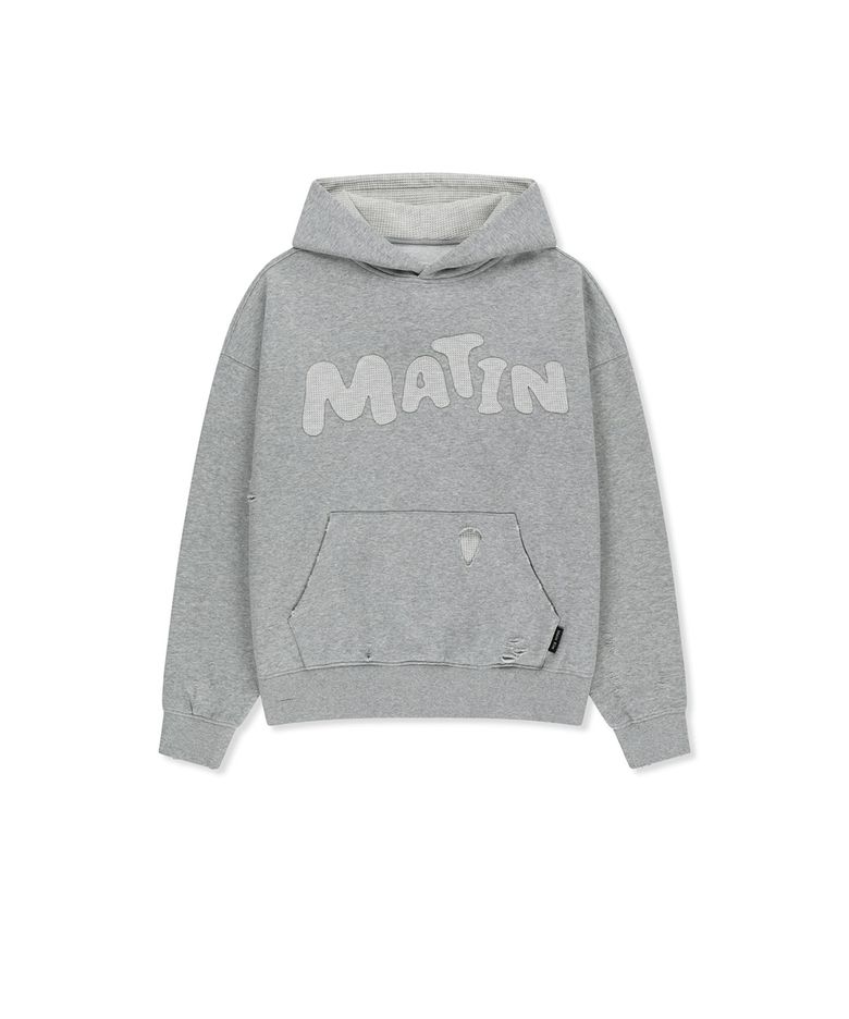 WAFFLE APPLIQUE LOGO HOOD TOP IN GREY