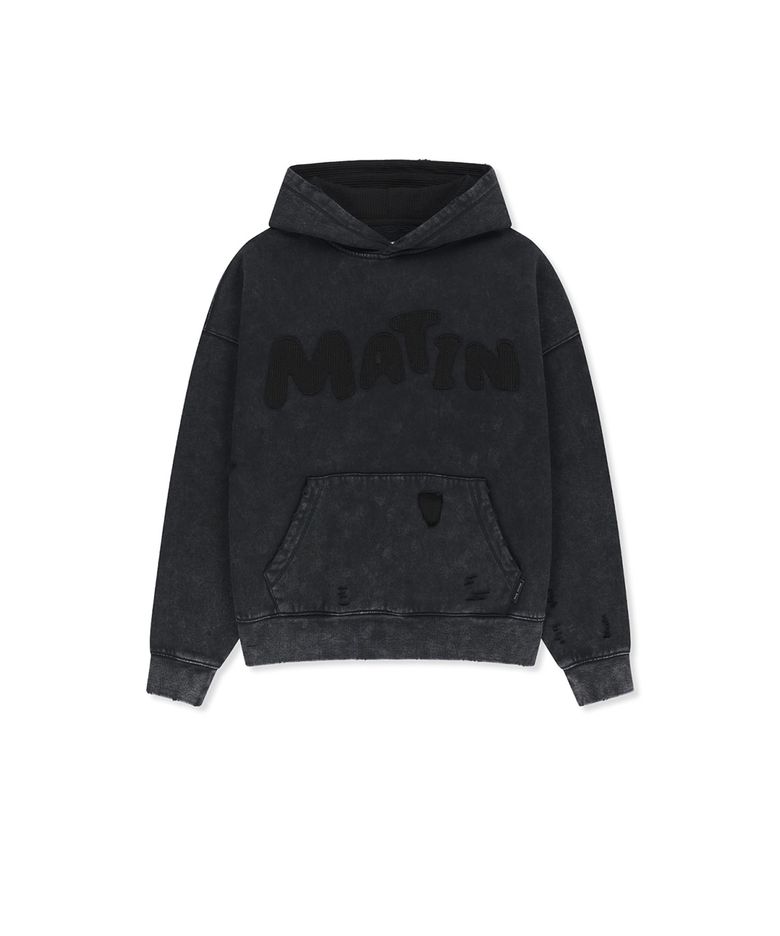 WAFFLE APPLIQUE LOGO HOOD TOP IN CHARCOAL