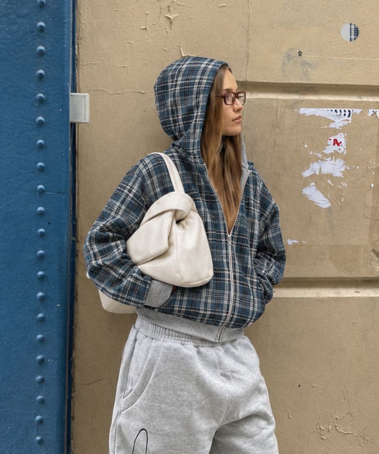 AECA REVERSIBLE CHECK ZIP UP HOODIE-MELANGE GREY
