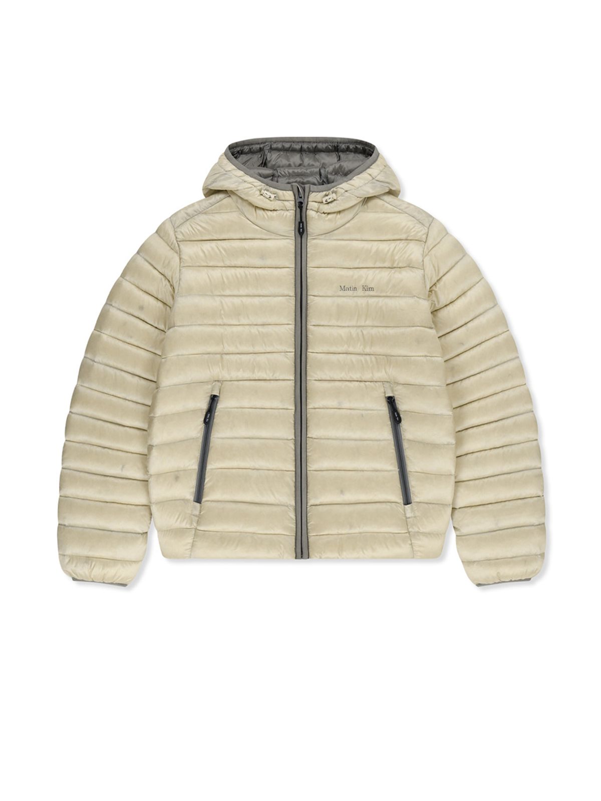 마뗑킴(MATIN KIM) CONTRAST TRIM LIGHT DOWN HOODY JUMPER IN LIGHT BEIGE