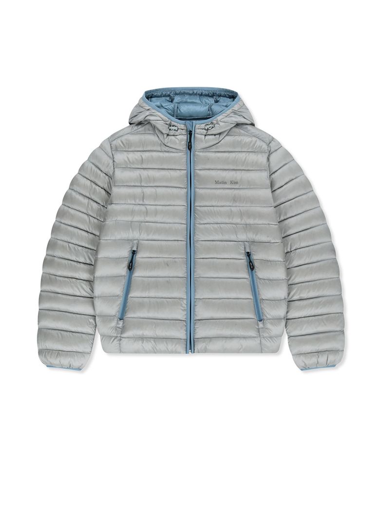 CONTRAST TRIM LIGHT DOWN HOODY JUMPER IN LIGHT GREY